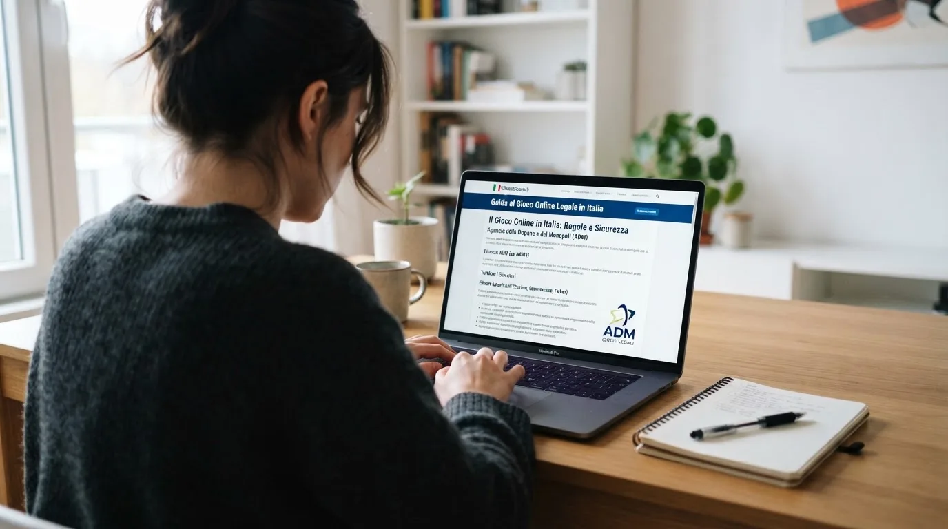 Persona davanti a un portatile che legge una pagina informativa sul gioco online in Italia — 100 giri gratis senza deposito