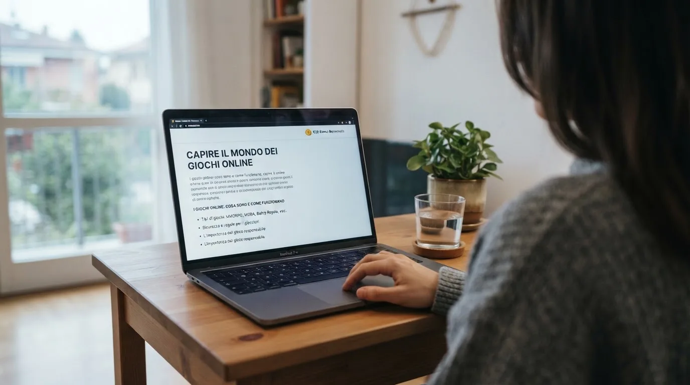 Persona davanti a un portatile che legge una pagina informativa sul gioco online in Italia — 25, 30, 50, 100, 200 giri gratis senza deposito