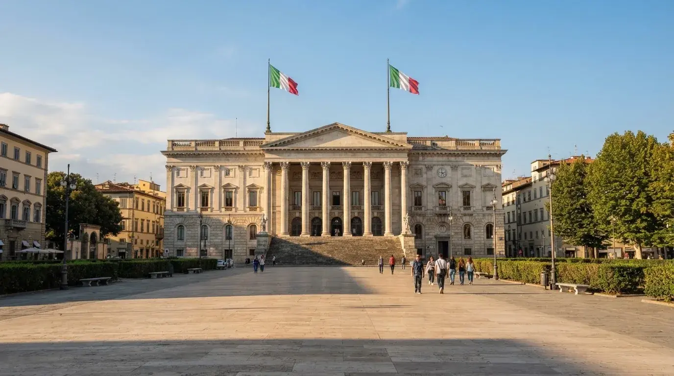 Palazzo istituzionale con bandiere al vento in una piazza soleggiata — 25, 30, 50, 100, 200 giri gratis senza deposito