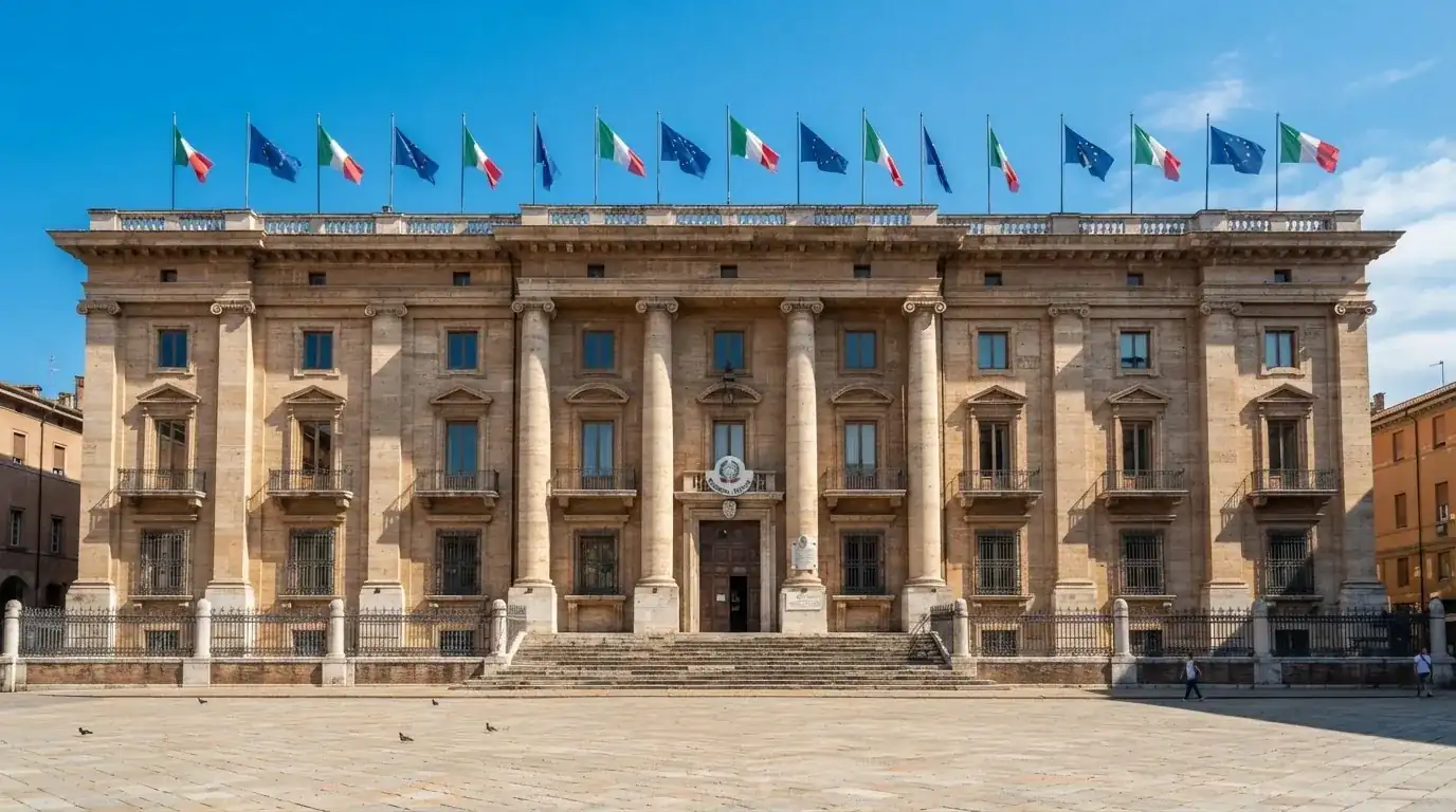 Palazzo istituzionale con bandiere al vento in una piazza soleggiata — 50 free spins senza deposito