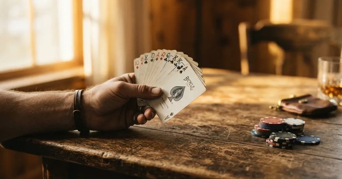 Una persona impugna un mazzo di carte da gioco su un tavolo in legno illuminato da luce naturale.