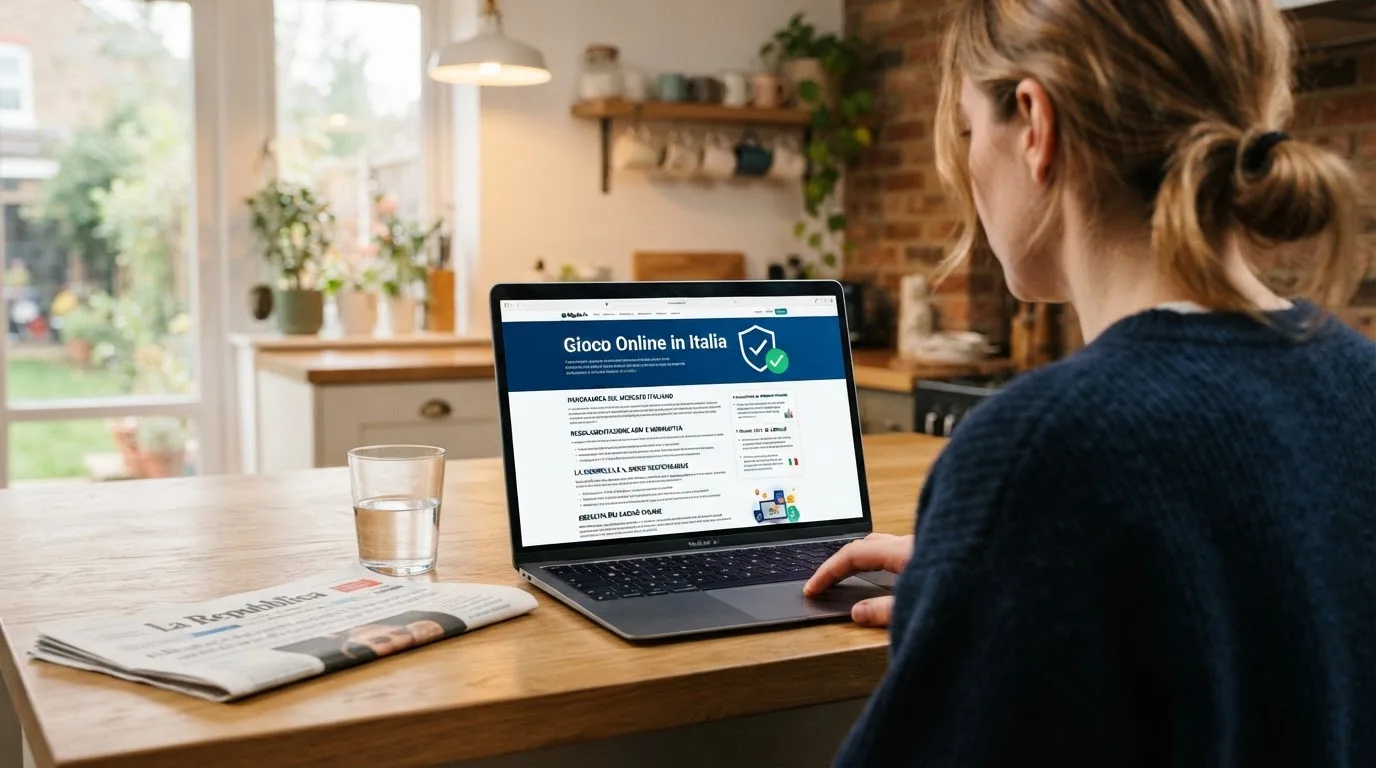 Persona davanti a un portatile che legge una pagina informativa sul gioco online in Italia — 70 giri gratis senza deposito