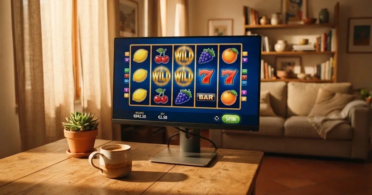 Rulli di una slot in movimento sullo schermo di un computer in un salotto — 70 giri gratis senza deposito