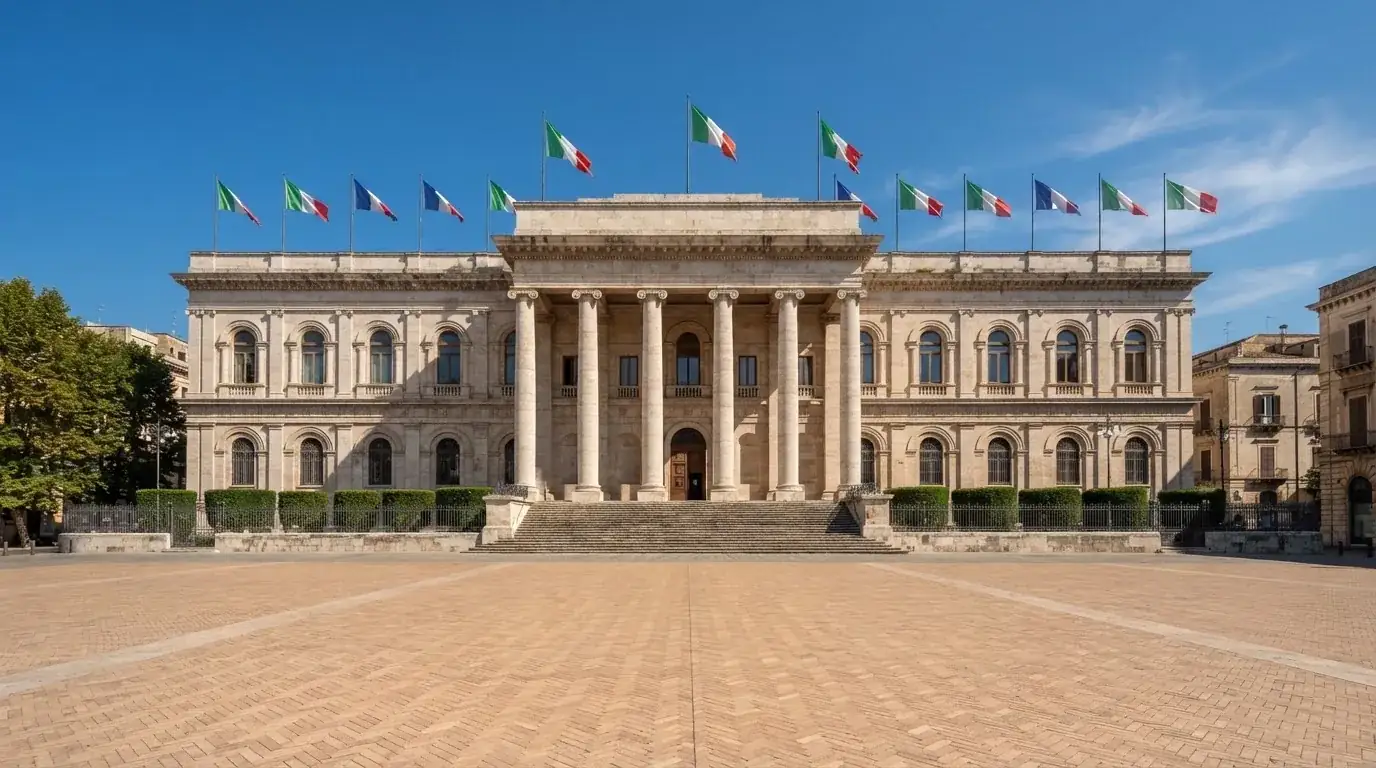 Palazzo istituzionale con bandiere al vento in una piazza soleggiata — big time gaming live casino italia