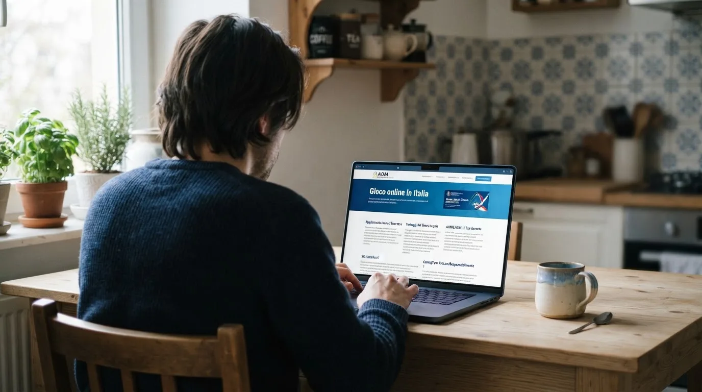 Persona davanti a un portatile che legge una pagina informativa sul gioco online in Italia — casinò che accettano bitcoin