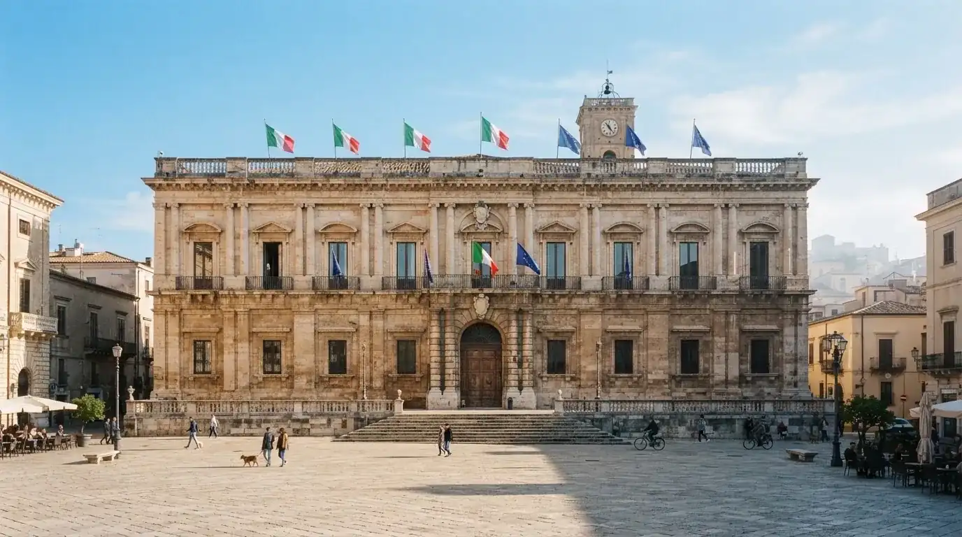 Palazzo istituzionale con bandiere al vento in una piazza soleggiata — casinò che accettano bitcoin