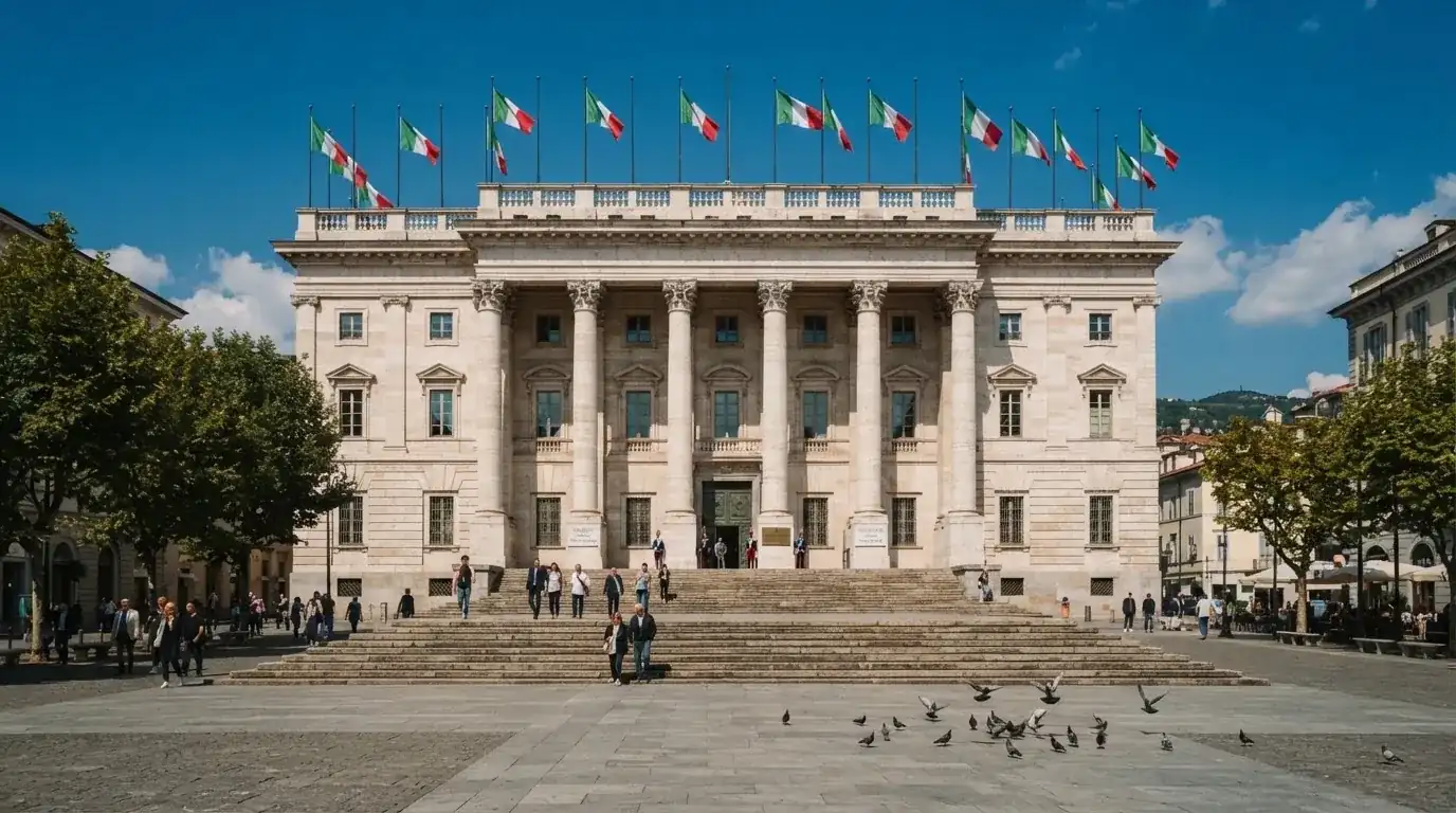 Palazzo istituzionale con bandiere al vento in una piazza soleggiata — casino com app android