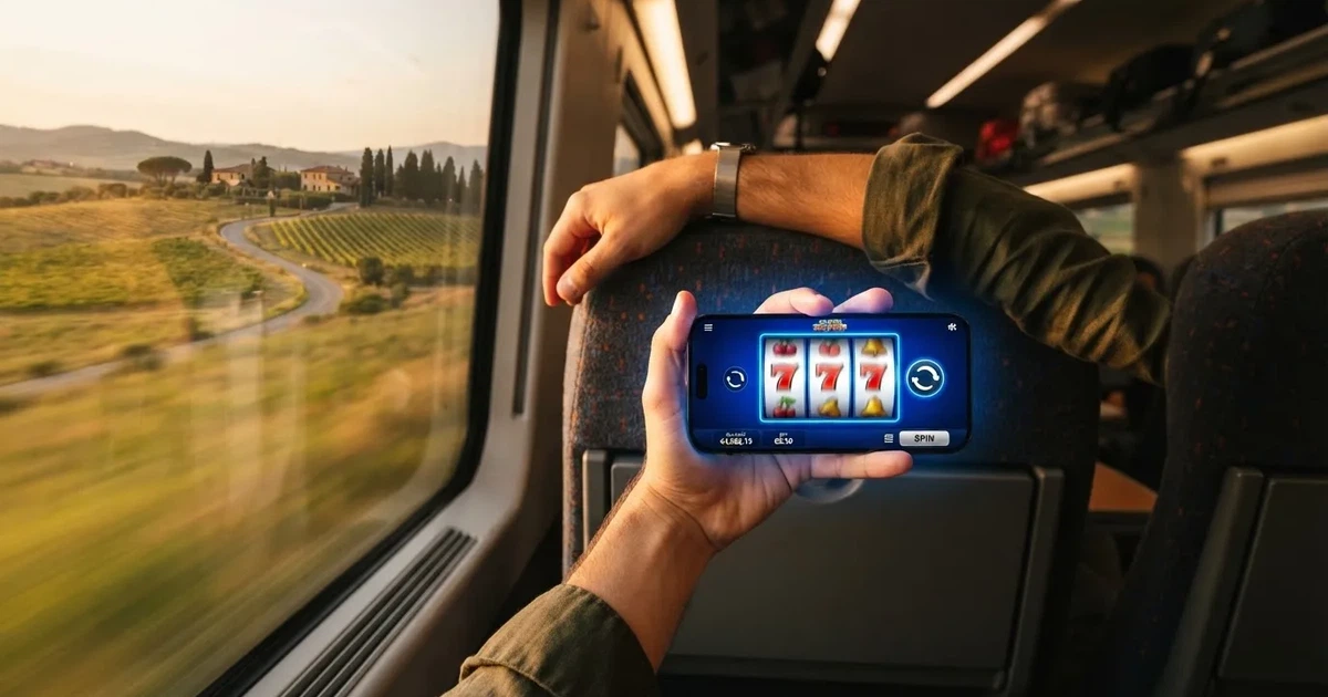 Smartphone in mano su un treno, paesaggio sfocato dal finestrino — casino com app android
