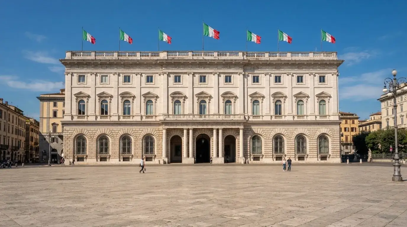 Palazzo istituzionale con bandiere al vento in una piazza soleggiata — casino com app iphone