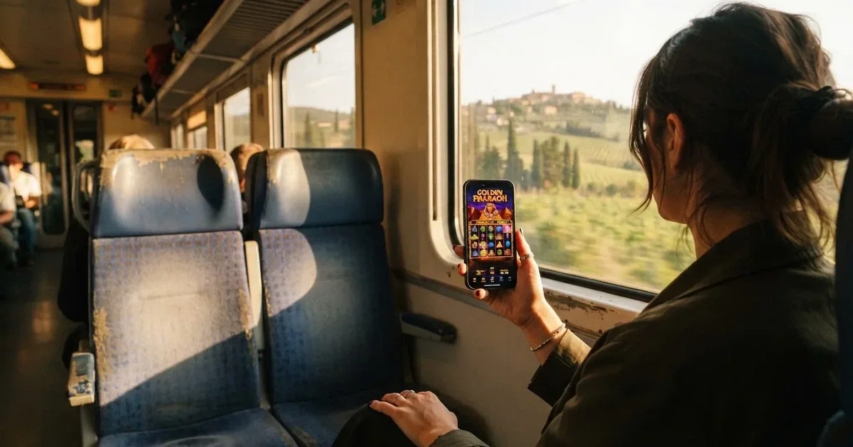 Smartphone in mano su un treno, paesaggio sfocato dal finestrino — casino com app iphone