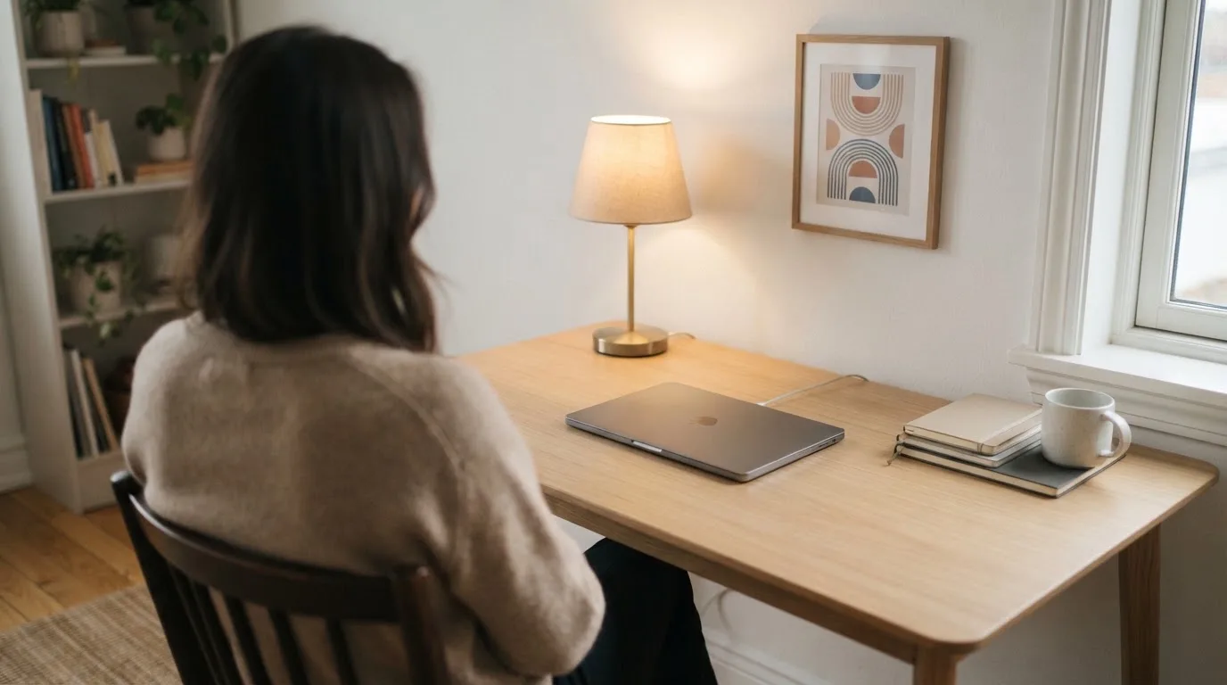 Una persona seduta a una scrivania minimalista con un laptop chiuso e una lampada accesa in un ufficio domestico ordinato.