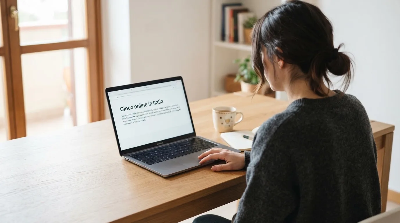 Persona davanti a un portatile che legge una pagina informativa sul gioco online in Italia — casino dal vivo online