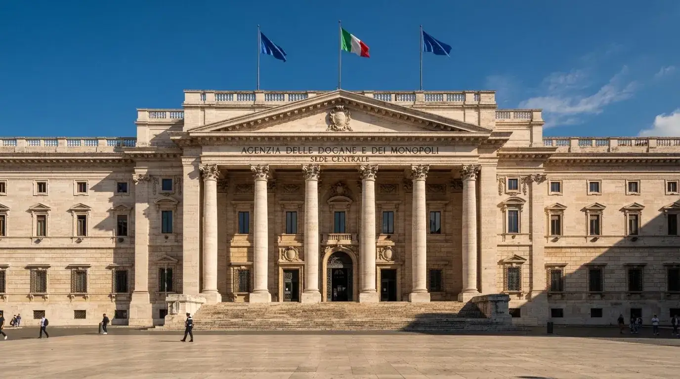 Palazzo istituzionale con bandiere al vento in una piazza soleggiata — casino dal vivo online