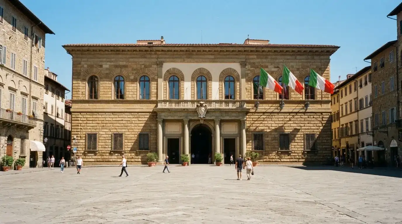 Palazzo istituzionale con bandiere al vento in una piazza soleggiata — casino deposito minimo 1 euro