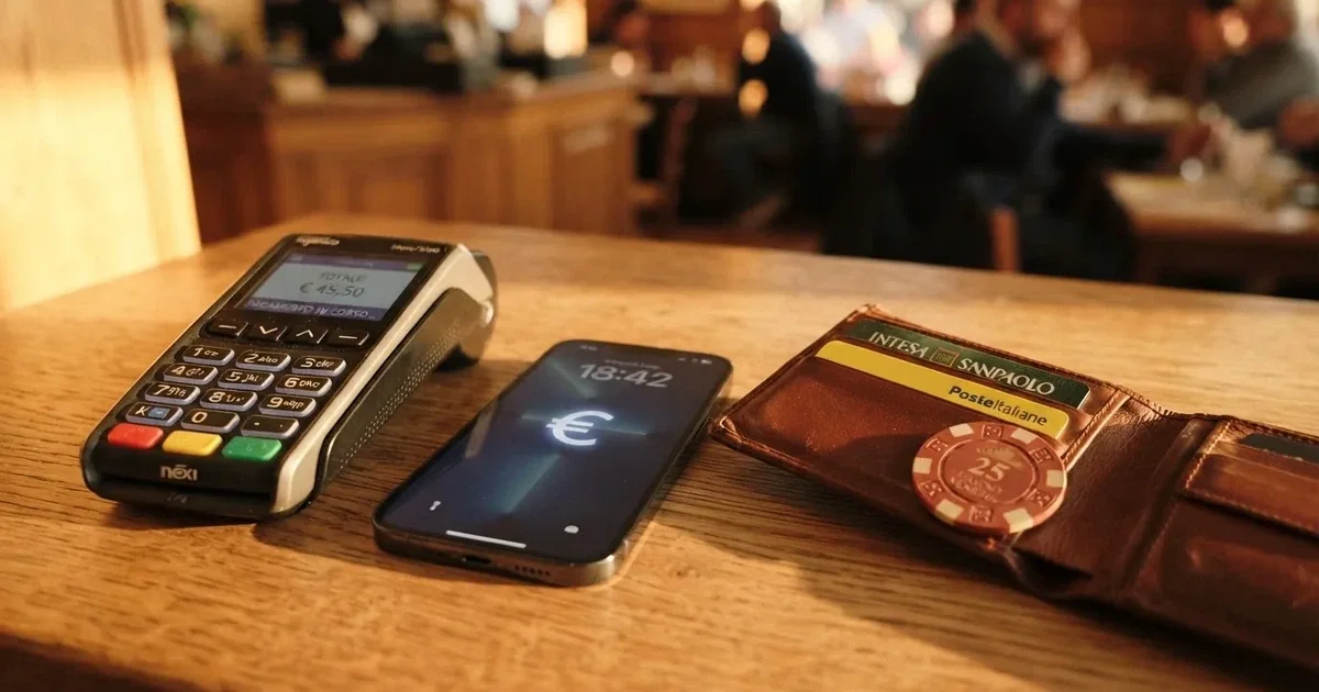 Terminale di pagamento e smartphone su un tavolo di legno accanto a un portafoglio — casino deposito minimo 1 euro