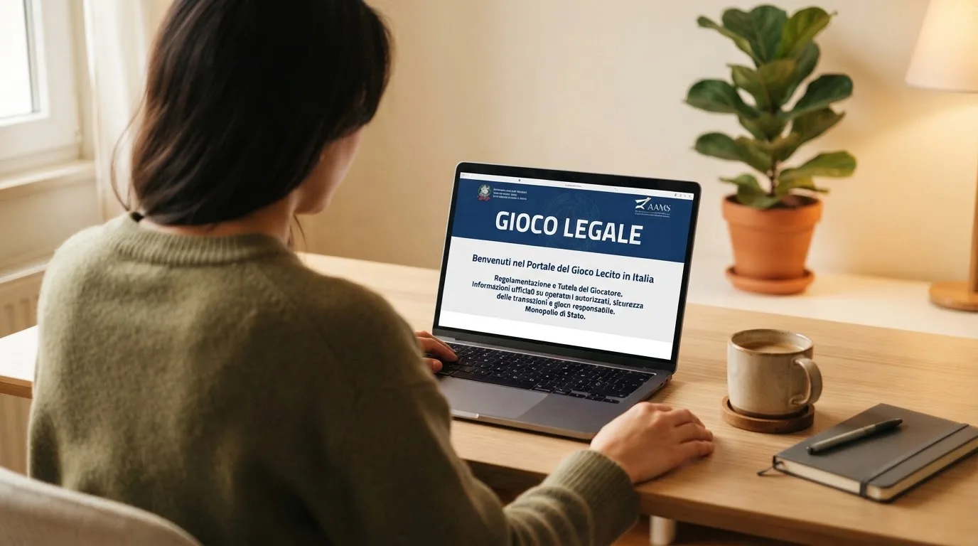 Persona davanti a un portatile che legge una pagina informativa sul gioco online in Italia — casino deposito minimo 10 centesimi