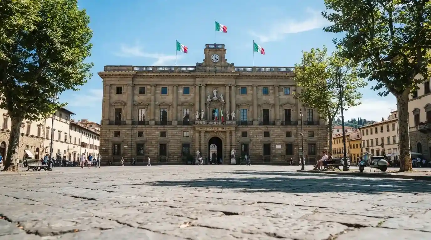 Palazzo istituzionale con bandiere al vento in una piazza soleggiata — casino deposito minimo 10 centesimi