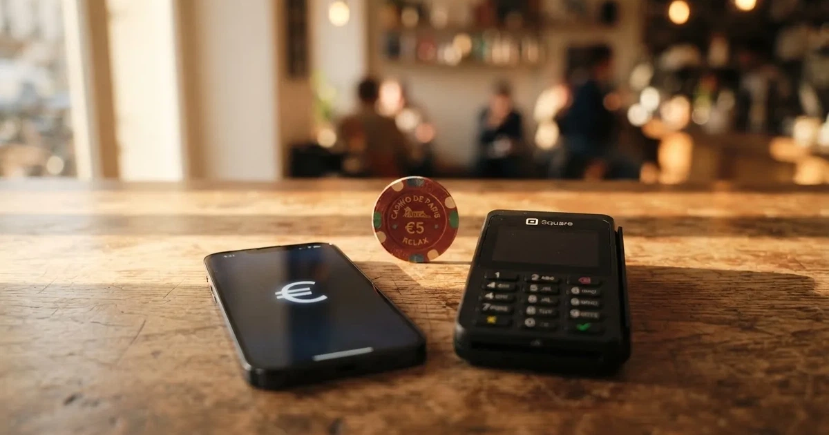Terminale di pagamento e smartphone su un tavolo di legno accanto a un portafoglio — casino deposito minimo 10 centesimi