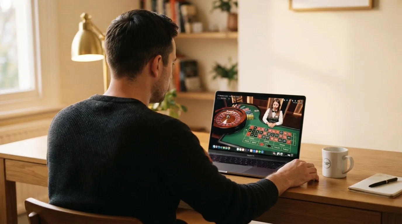 Un uomo seduto alla scrivania osserva pensieroso il monitor di un computer portatile, in una stanza ordinata con una tazza di caffè accanto.