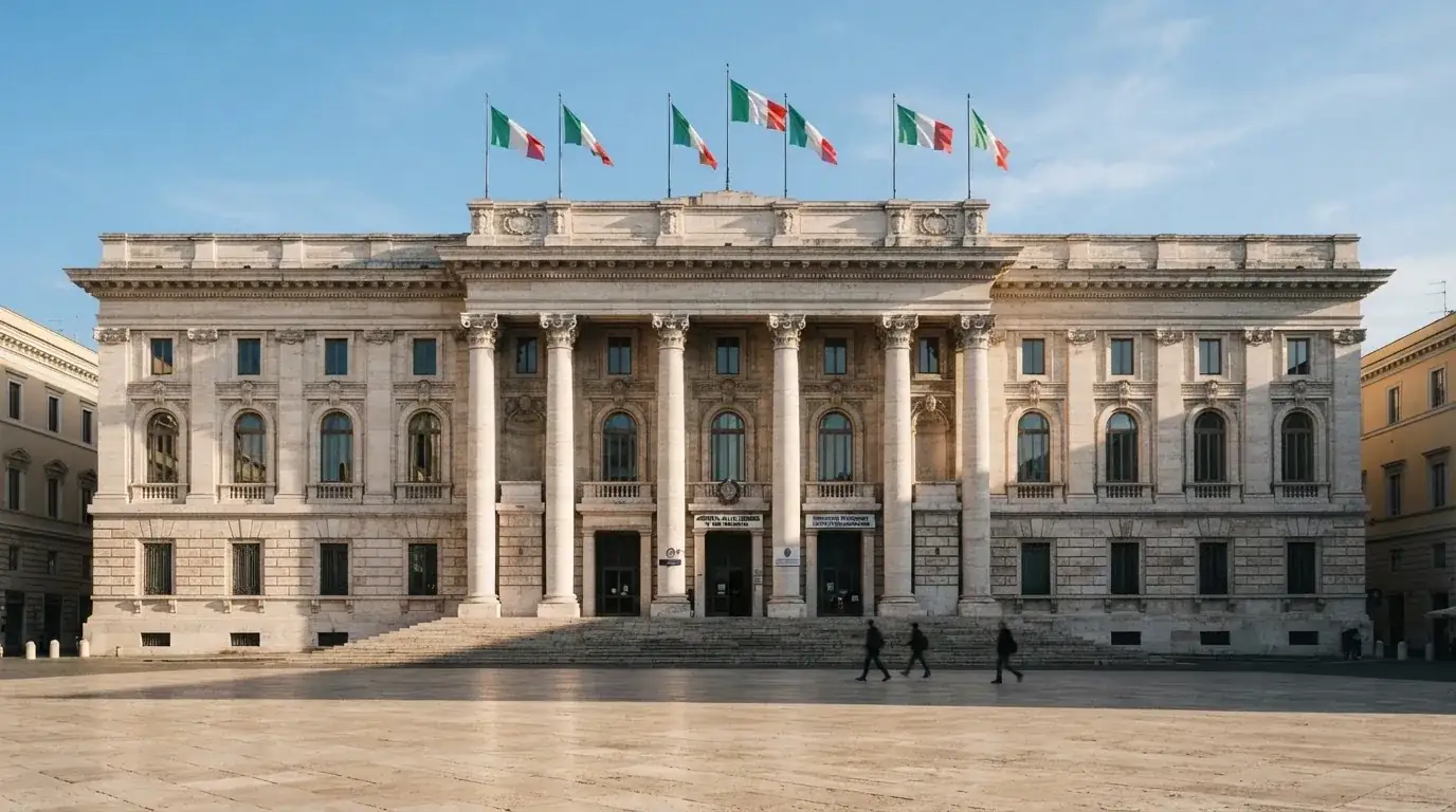Palazzo istituzionale con bandiere al vento in una piazza soleggiata — casino metodi di pagamento italia