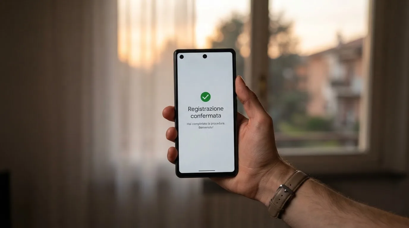 Mano che tiene uno smartphone accanto a una finestra, luce serale tranquilla — casino no adm