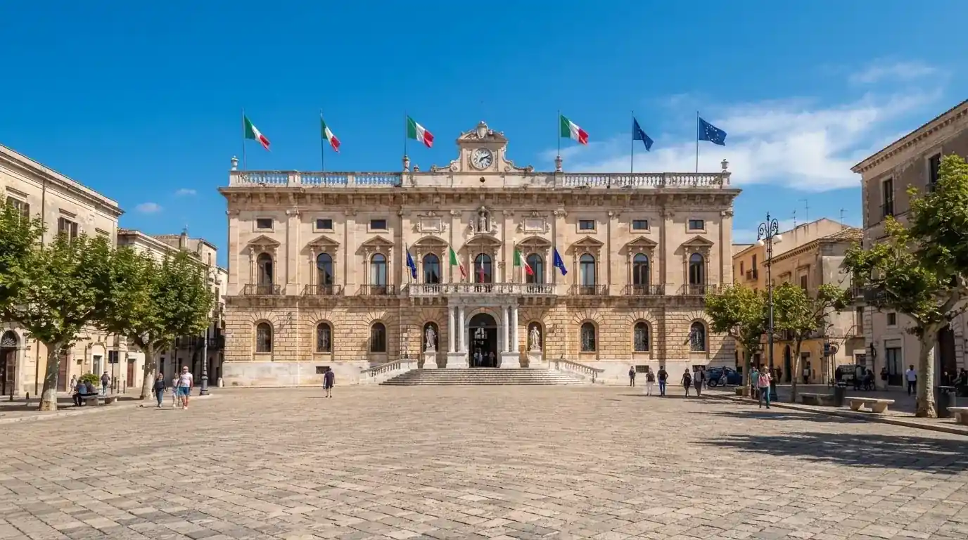Palazzo istituzionale con bandiere al vento in una piazza soleggiata — casino non aams affidabili