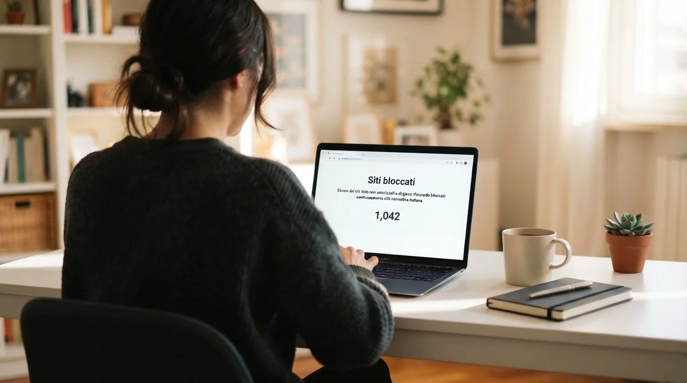 Persona davanti a un portatile che legge una pagina informativa sul gioco online in Italia — casinò non aams che accettano dogecoin