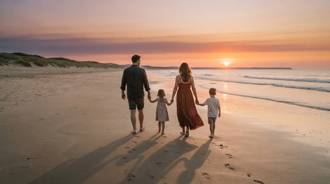 Una famiglia cammina insieme lungo una spiaggia al tramonto, lontana da schermi e dispositivi elettronici.