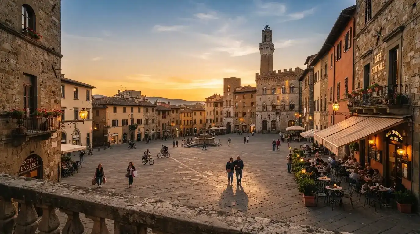 Vista panoramica di una piazza italiana al tramonto con lampioni accesi e persone che passeggiano.