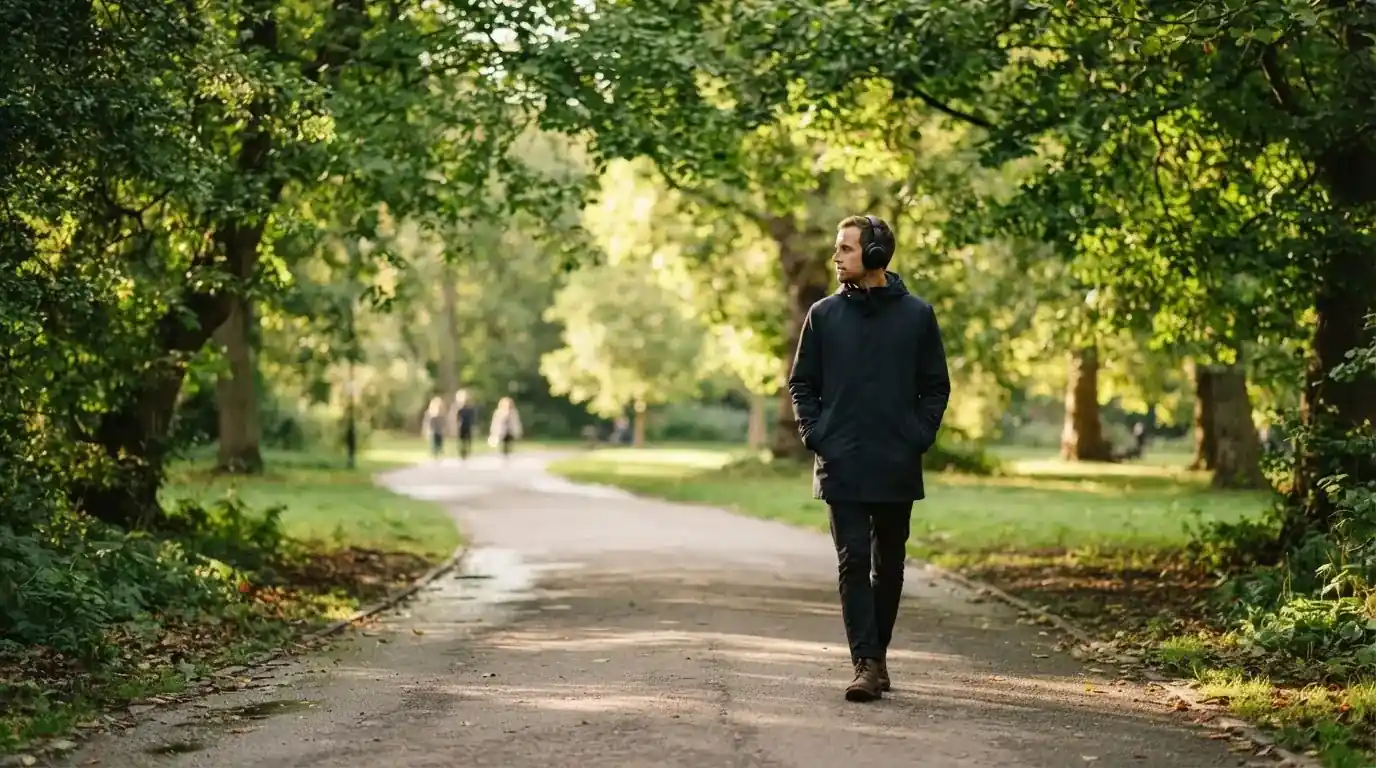 Un uomo cammina all'aperto in un parco cittadino indossando cuffie, lontano da qualsiasi dispositivo elettronico acceso.