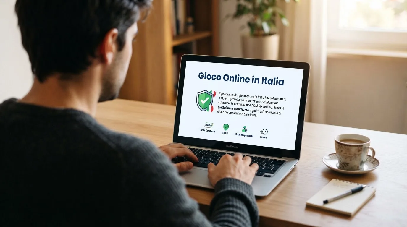 Persona davanti a un portatile che legge una pagina informativa sul gioco online in Italia — casino non aams che accettano postepay