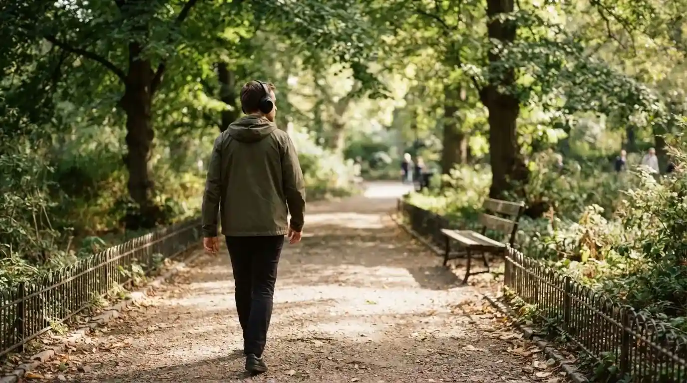 Un uomo cammina all'aperto in un parco cittadino indossando cuffie, lontano da qualsiasi dispositivo elettronico acceso.