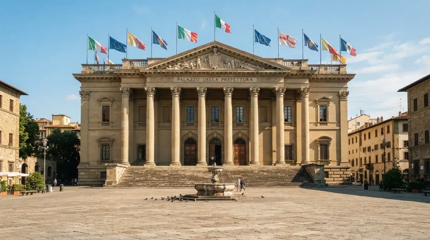 Palazzo istituzionale con bandiere al vento in una piazza soleggiata — casino online con algoritmo unbiased