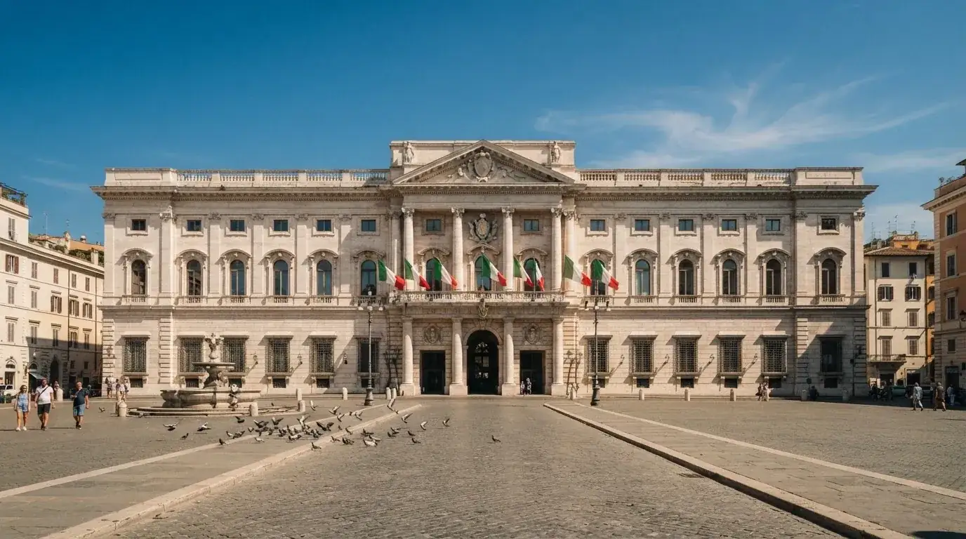 Palazzo istituzionale con bandiere al vento in una piazza soleggiata — casino online con bonus crab