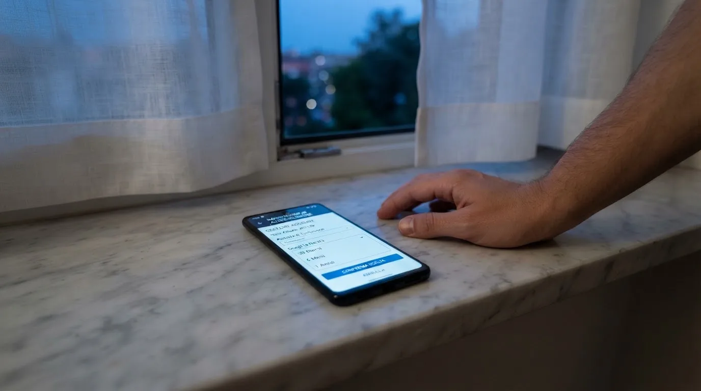 Mano che tiene uno smartphone accanto a una finestra, luce serale tranquilla — casino online con cie