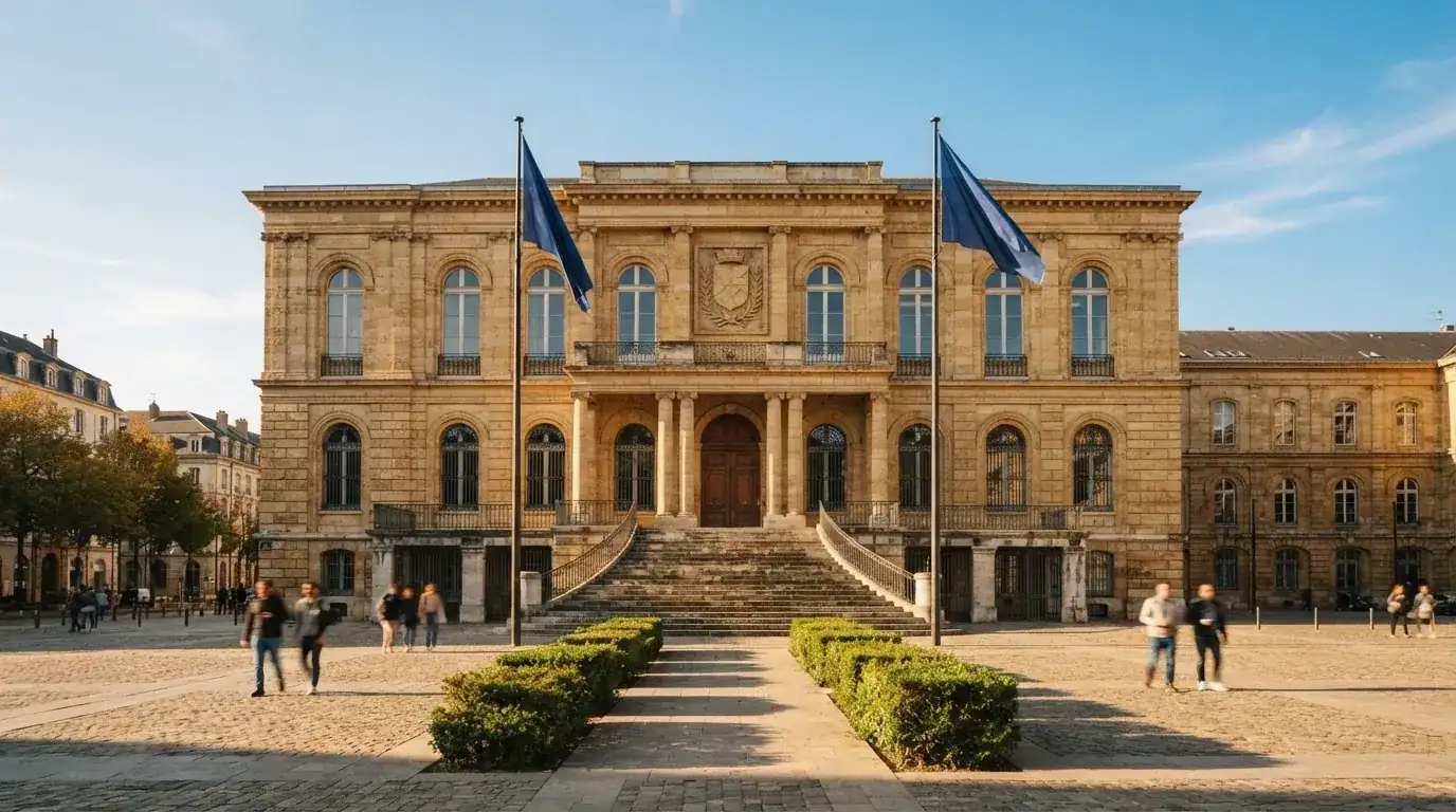Palazzo istituzionale con bandiere al vento in una piazza soleggiata — casino online con soldi finti