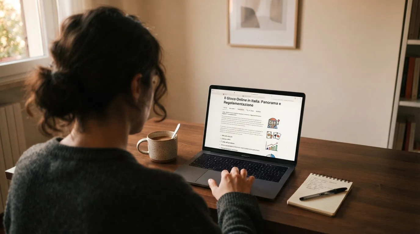 Persona davanti a un portatile che legge una pagina informativa sul gioco online in Italia — casino online italiani autorizzati aams