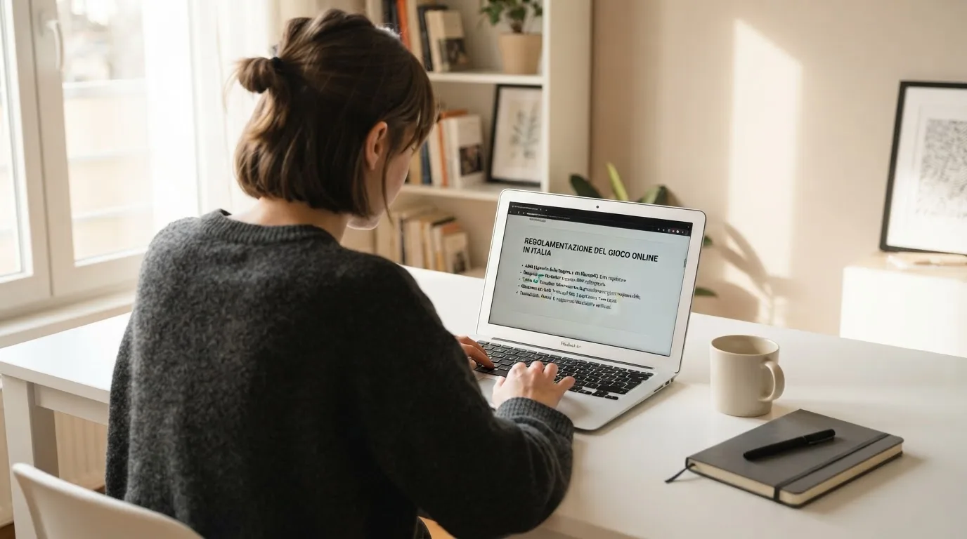 Persona davanti a un portatile che legge una pagina informativa sul gioco online in Italia — casino online italiani senza autoesclusione