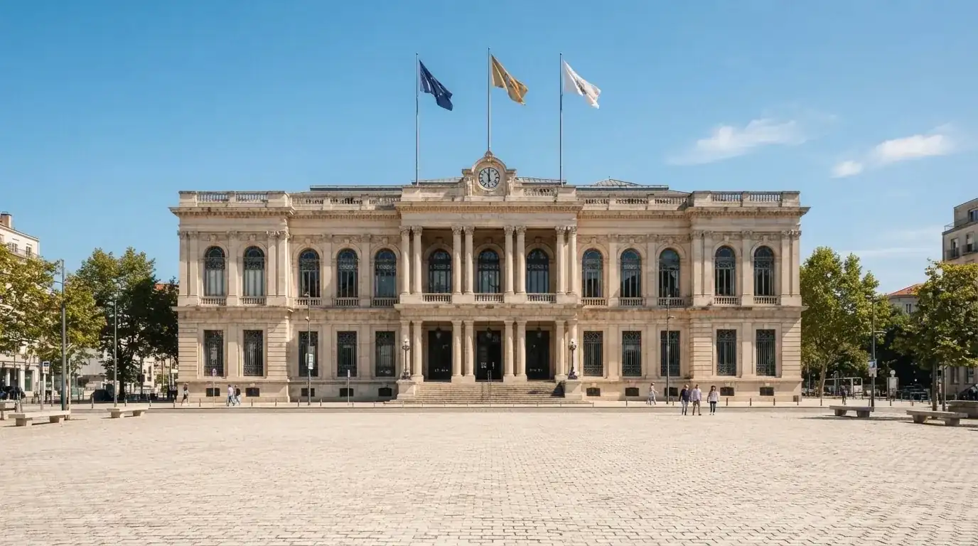 Palazzo istituzionale con bandiere al vento in una piazza soleggiata — casino online italiani senza autoesclusione