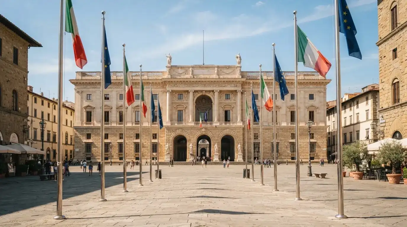 Palazzo istituzionale con bandiere al vento in una piazza soleggiata — casino online senza registrazione