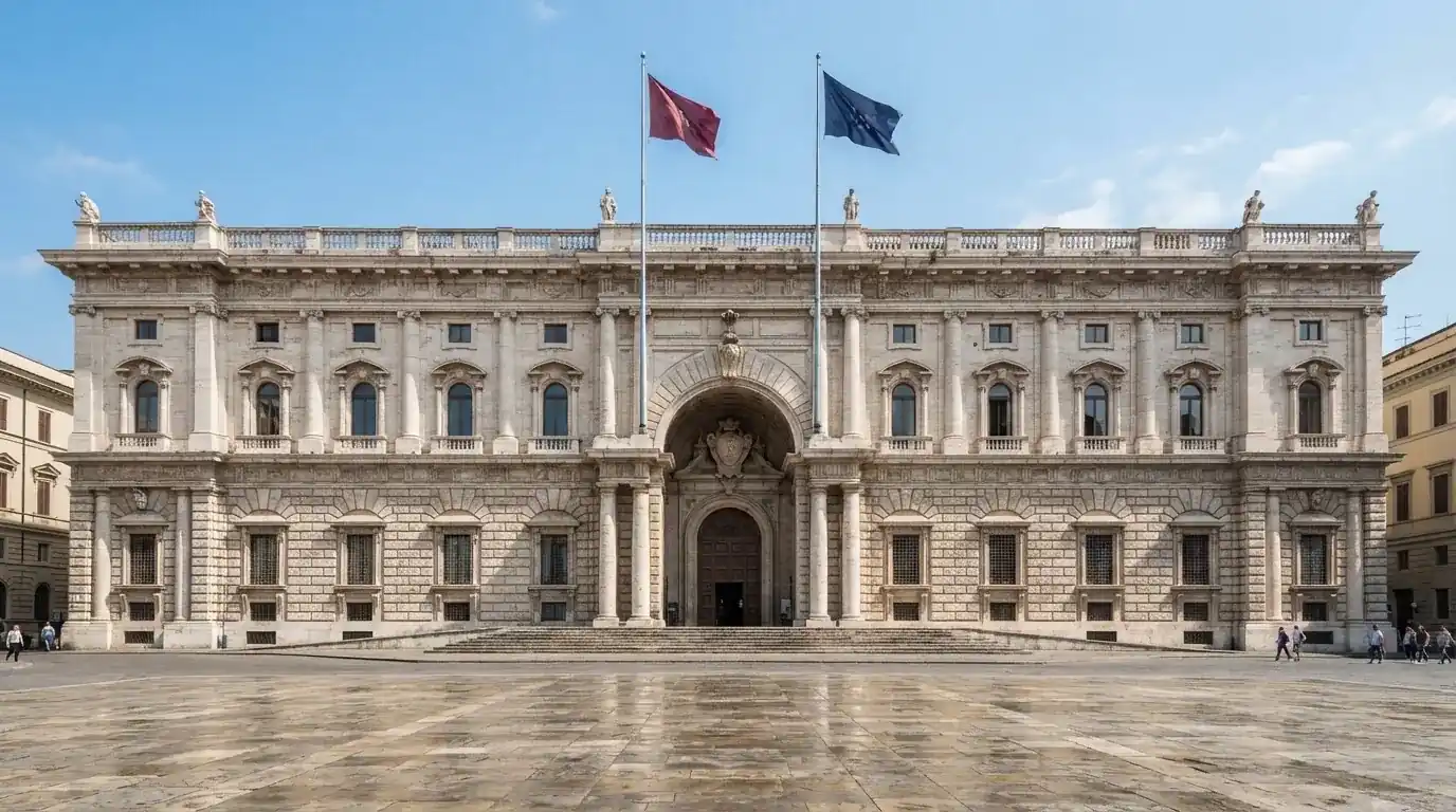 Palazzo istituzionale con bandiere al vento in una piazza soleggiata — casino senza codice fiscale