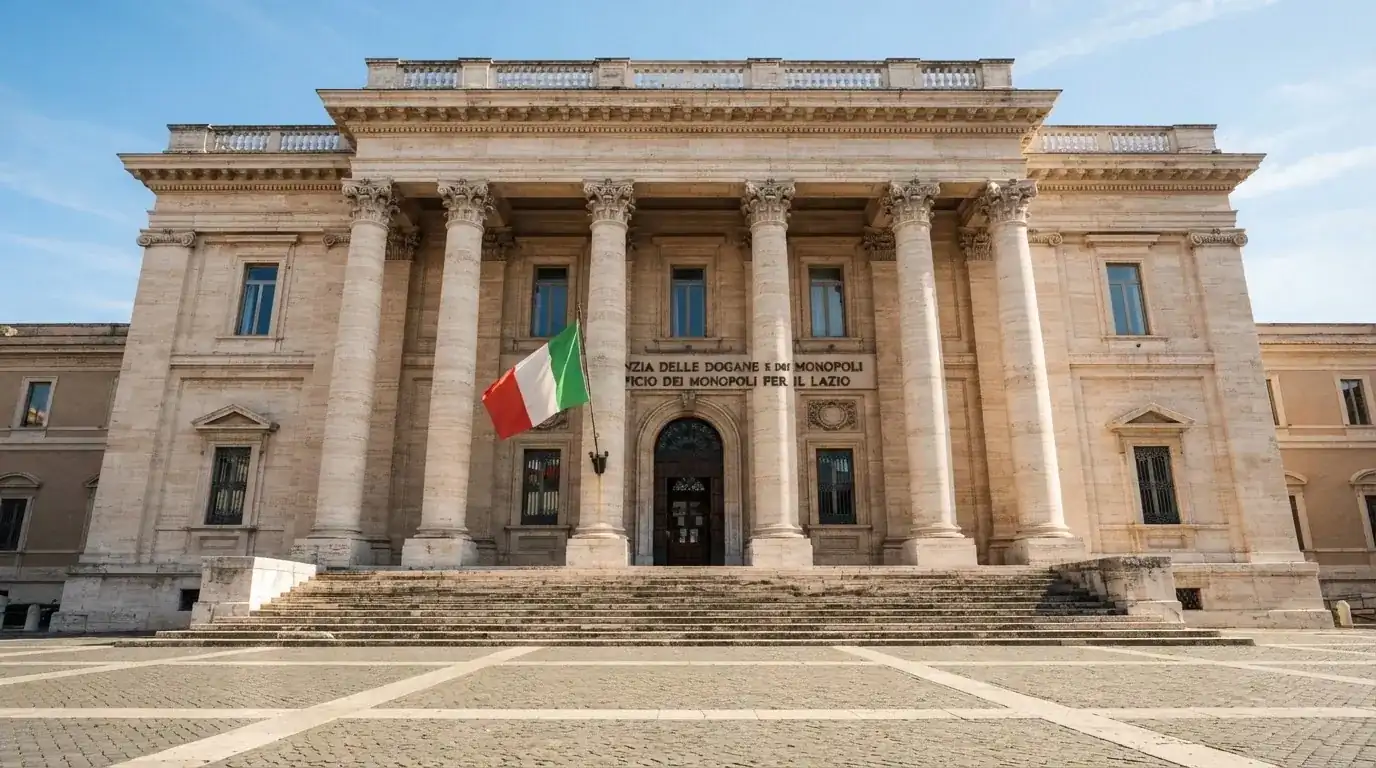 Palazzo istituzionale con bandiere al vento in una piazza soleggiata — casinò slot machines con rtp alto